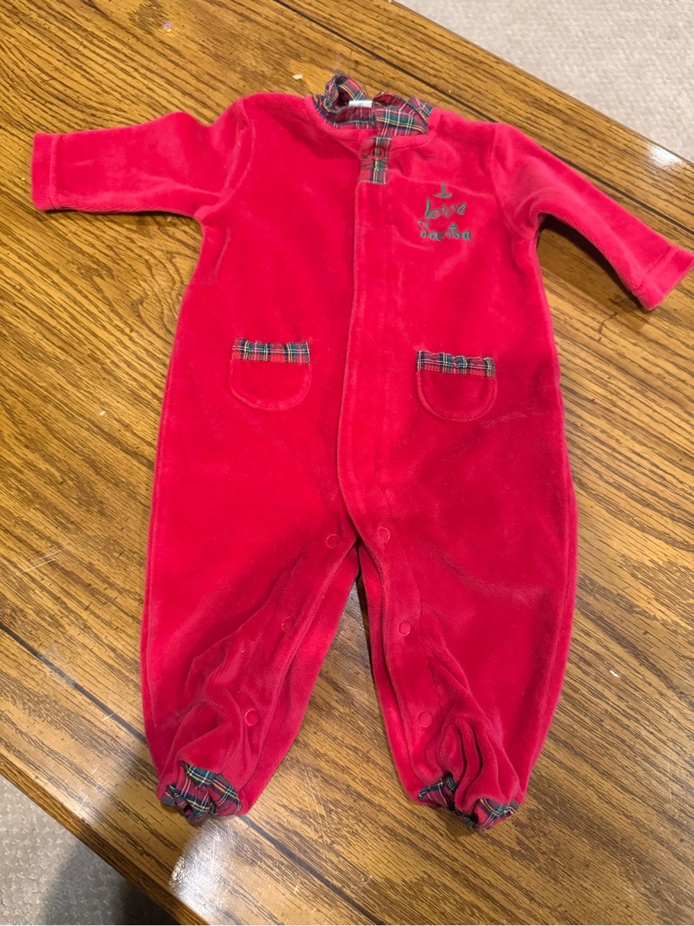6 for $10 miniwear Red Velvet Baby Footed One-Piece with Plaid Trim